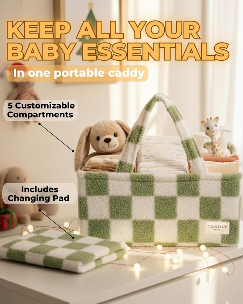 Toodly Checkered Diaper Caddy Organizer with Portable Changing Mat - Teddy Fleece Diaper Organizer for Changing Table - Caddy Organizer with Removable Dividers - Green and White - Image 2